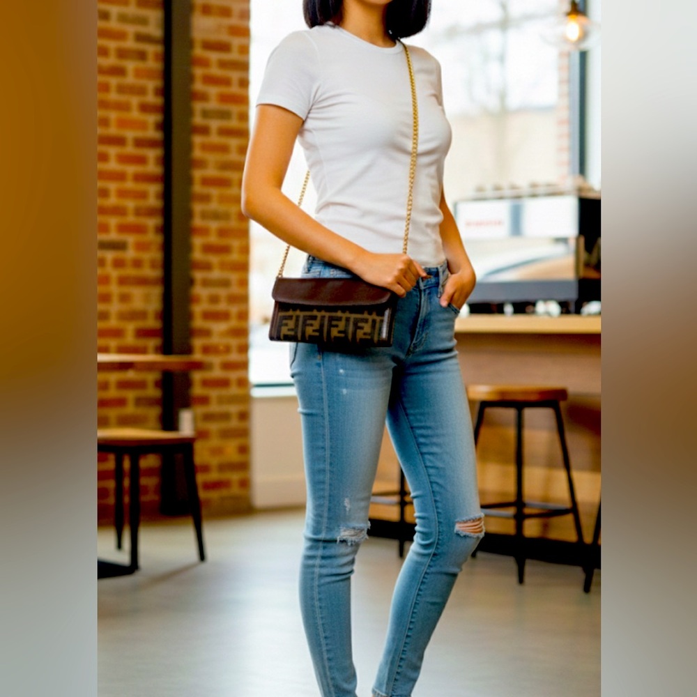 FENDI Zucca Canvas Long Wallet Black Brown Crossbody Shoulder Bag Chain